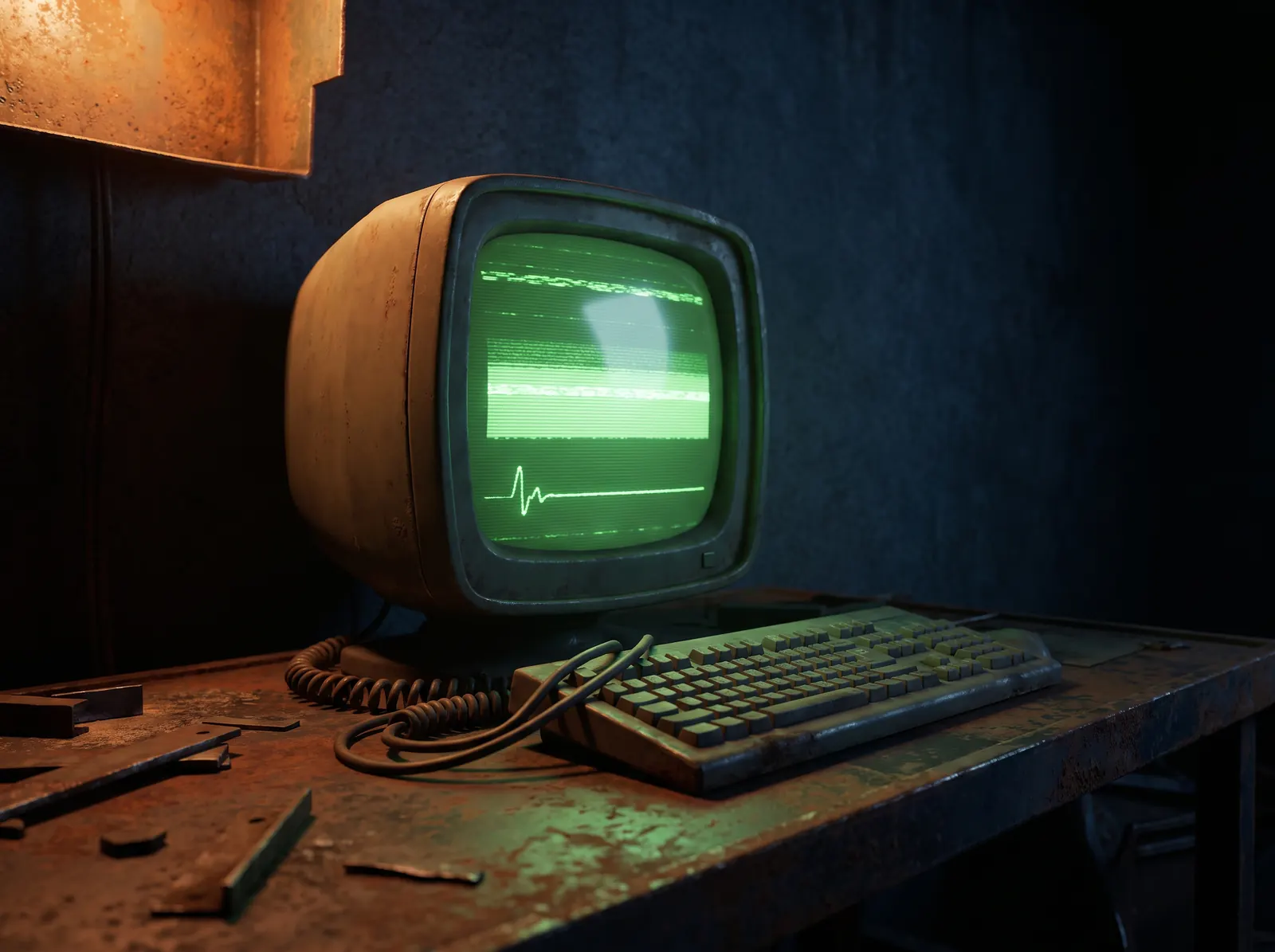 An old computer terminal glowing green on a rusted desk