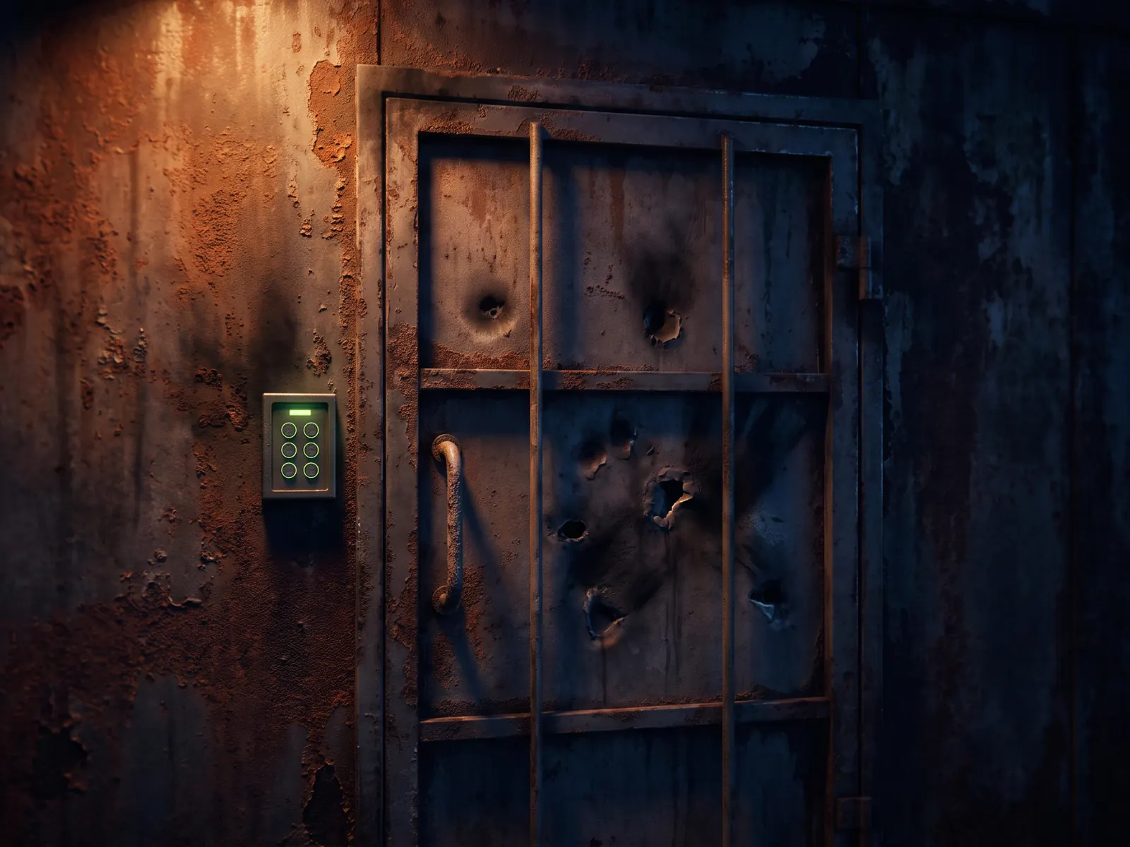 A dented sheet-metal door with a glowing keypad code lock