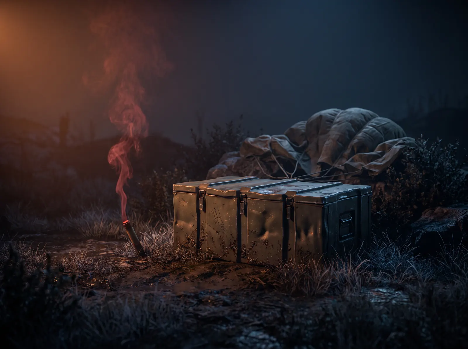 An airdrop crate on dark grass with red signal smoke